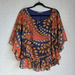 West Kei Womens 3X Shirt Blouson Peacock Paisley‎ Ruffle Colorful Flowy Boho